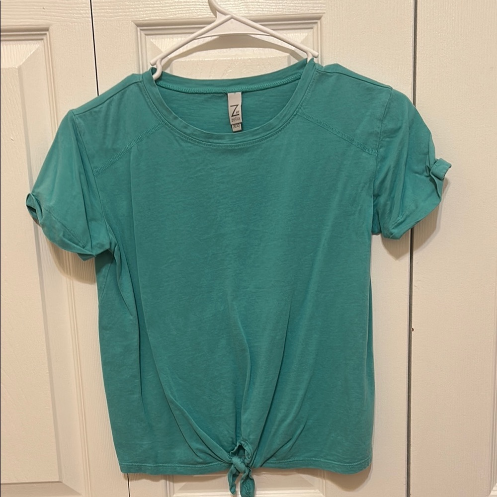 Zella Girl Blue Green Tie Front Short Sleeve Tee